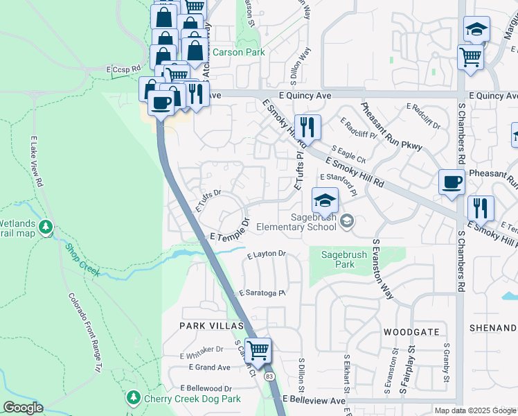 map of restaurants, bars, coffee shops, grocery stores, and more near 14190 East Temple Drive in Aurora