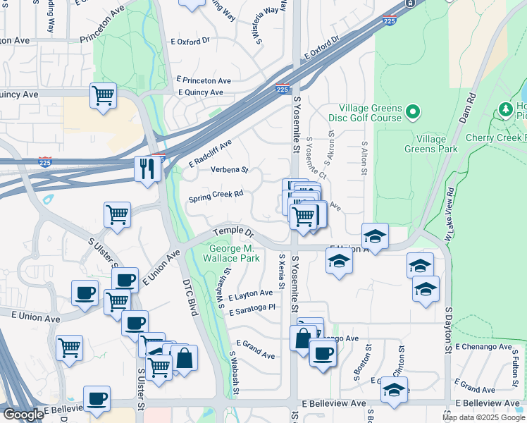 map of restaurants, bars, coffee shops, grocery stores, and more near 204 Spring Creek Road in Denver