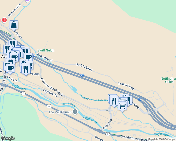 map of restaurants, bars, coffee shops, grocery stores, and more near 1020 Swift Gulch Road in Vail