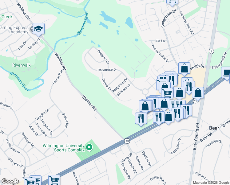 map of restaurants, bars, coffee shops, grocery stores, and more near 215 Marjoram Drive in Bear