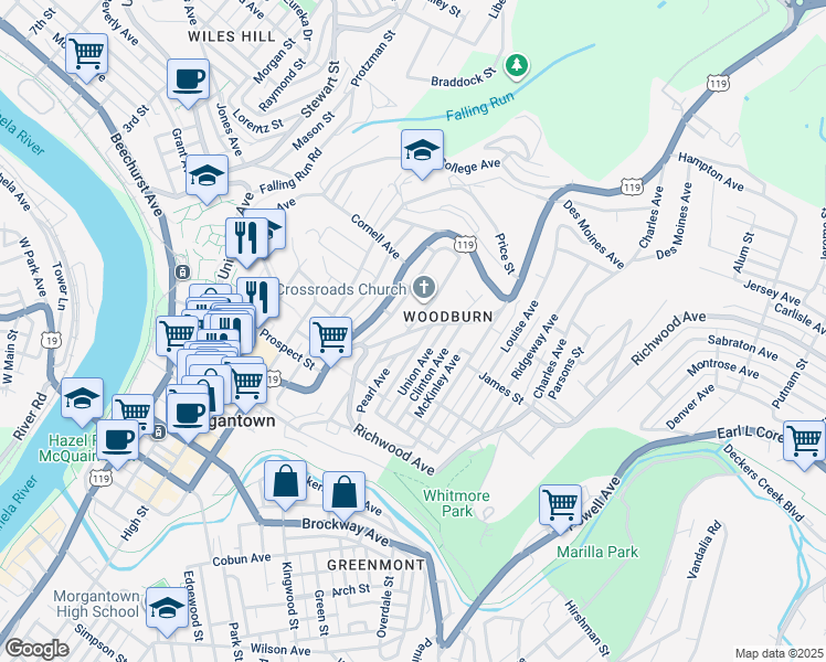 map of restaurants, bars, coffee shops, grocery stores, and more near 750 Snider Street in Morgantown