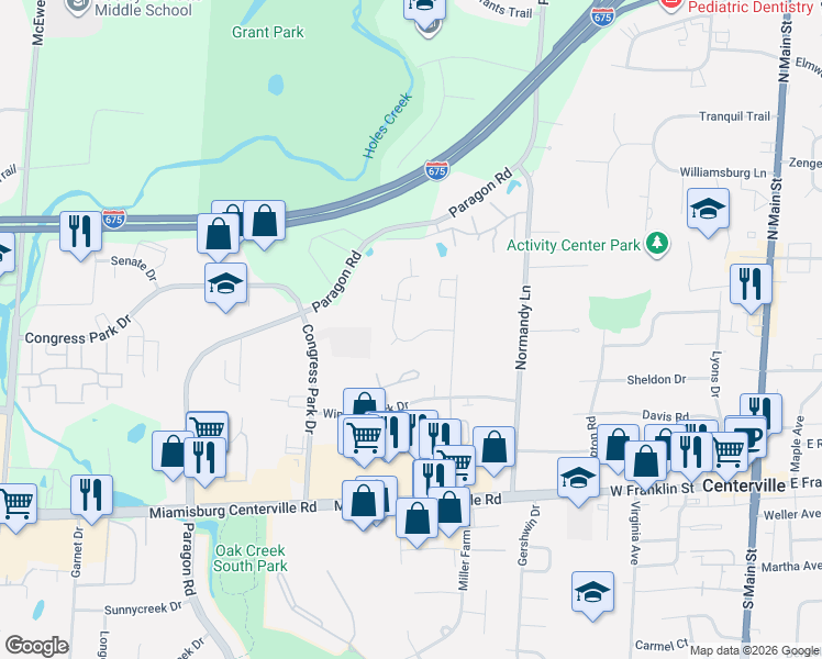 map of restaurants, bars, coffee shops, grocery stores, and more near 7746 Brams Hill Drive in Dayton