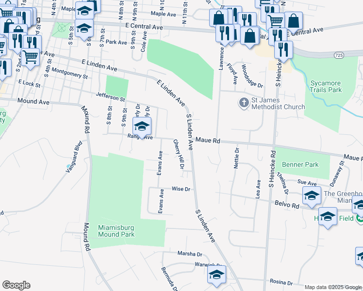 map of restaurants, bars, coffee shops, grocery stores, and more near 507 South Linden Avenue in Miamisburg
