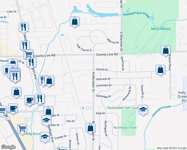 map of restaurants, bars, coffee shops, grocery stores, and more near 1067 North Meridian Street in Greenwood