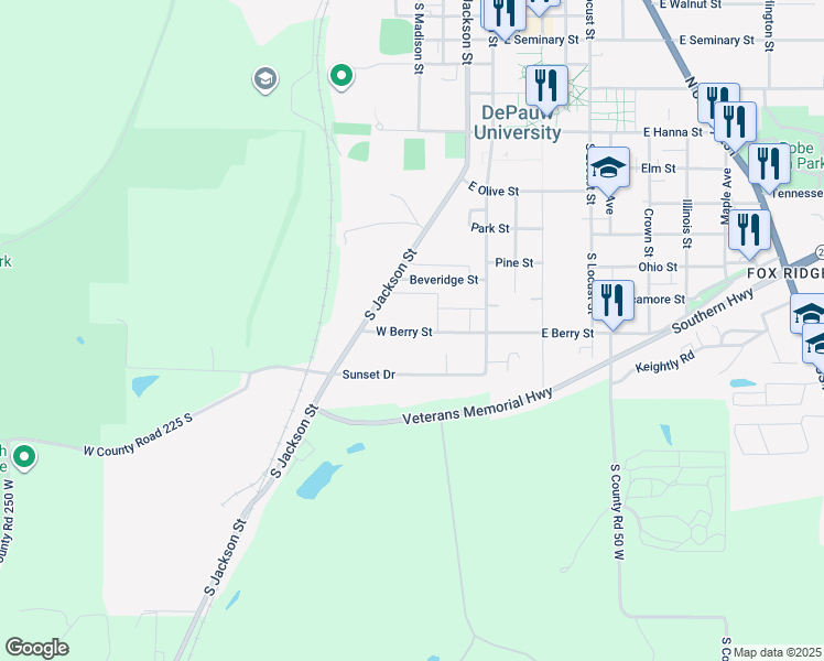 map of restaurants, bars, coffee shops, grocery stores, and more near 128 West Berry Street in Greencastle