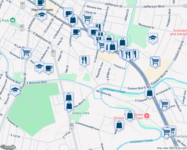 map of restaurants, bars, coffee shops, grocery stores, and more near 382 South Cleveland Avenue in Hagerstown