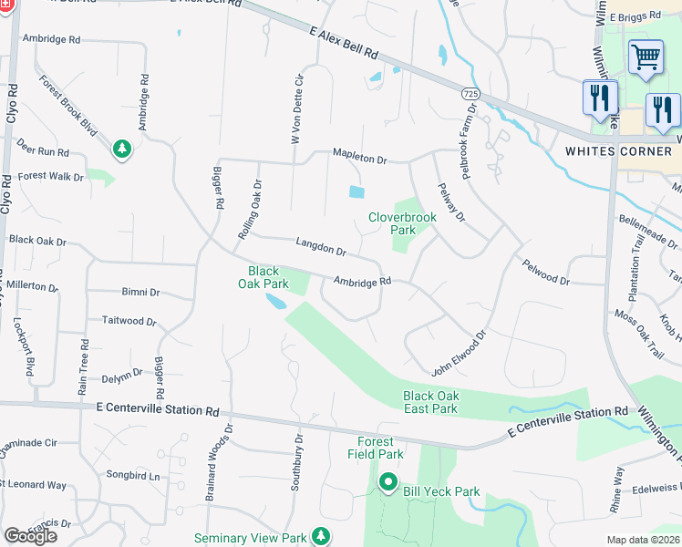 map of restaurants, bars, coffee shops, grocery stores, and more near 1615 Ambridge Road in Dayton