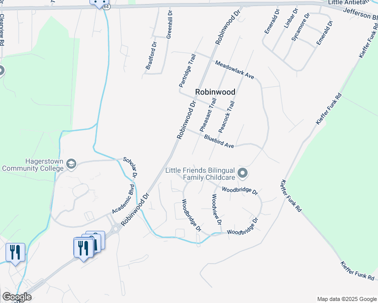 map of restaurants, bars, coffee shops, grocery stores, and more near 11602 Pheasant Trail in Hagerstown