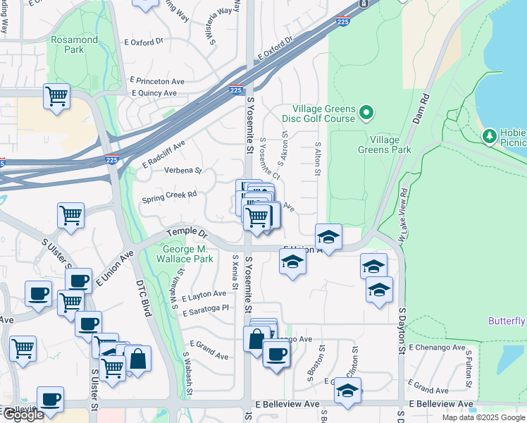 map of restaurants, bars, coffee shops, grocery stores, and more near 4620 South Yosemite Street in Greenwood Village