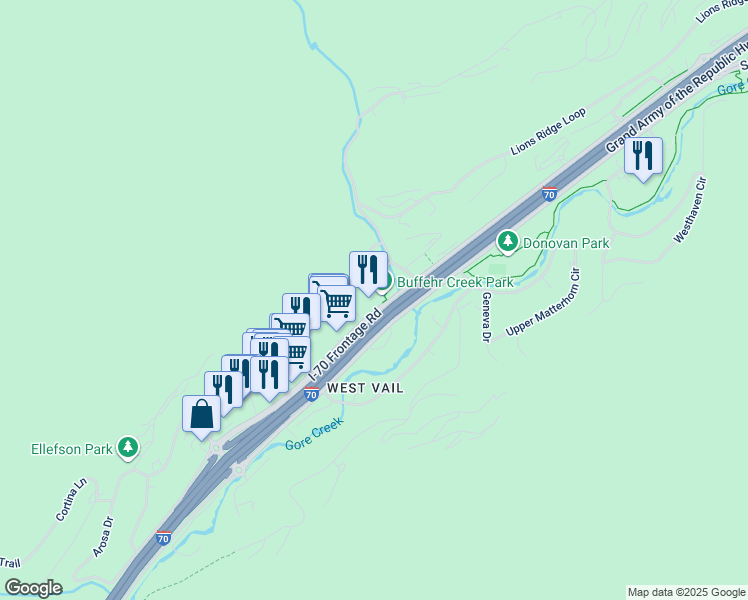 map of restaurants, bars, coffee shops, grocery stores, and more near 2077 North Frontage Road West in Vail