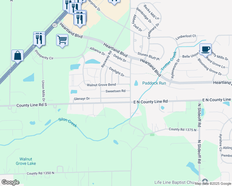 map of restaurants, bars, coffee shops, grocery stores, and more near 10910 Glenayr Drive in Hendricks County