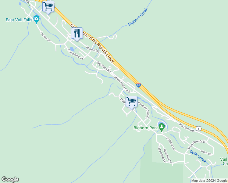 map of restaurants, bars, coffee shops, grocery stores, and more near 4479 Timber Falls Court in Vail