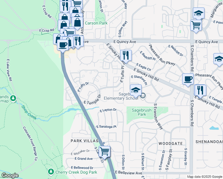 map of restaurants, bars, coffee shops, grocery stores, and more near 4624 South Crystal Way in Aurora