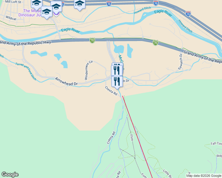 map of restaurants, bars, coffee shops, grocery stores, and more near 74 Cresta Road in Edwards