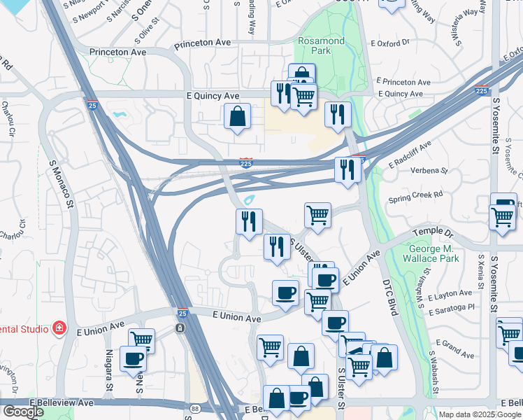 map of restaurants, bars, coffee shops, grocery stores, and more near 4552 South Ulster Street in Denver