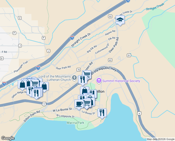 map of restaurants, bars, coffee shops, grocery stores, and more near 70 Evergreen Road in Dillon