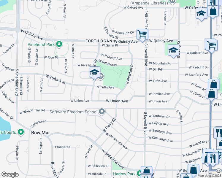 map of restaurants, bars, coffee shops, grocery stores, and more near 3892 West Tufts Avenue in Denver