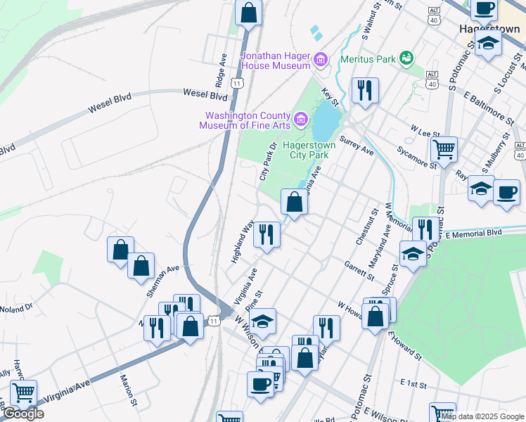 map of restaurants, bars, coffee shops, grocery stores, and more near 604 Highland Way in Hagerstown