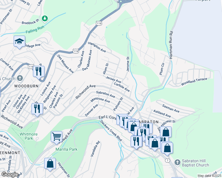 map of restaurants, bars, coffee shops, grocery stores, and more near 1240 Richwood Avenue in Morgantown