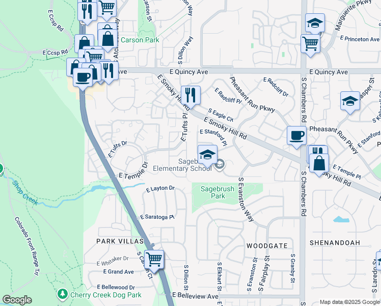 map of restaurants, bars, coffee shops, grocery stores, and more near 4646 South Dillon Court in Aurora