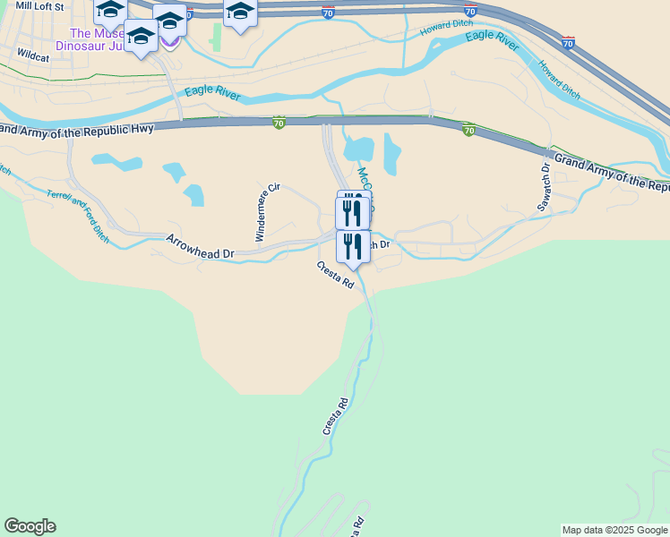map of restaurants, bars, coffee shops, grocery stores, and more near 74 Cresta Road in Edwards