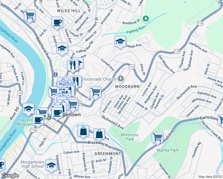 map of restaurants, bars, coffee shops, grocery stores, and more near 724 Weaver Street in Morgantown