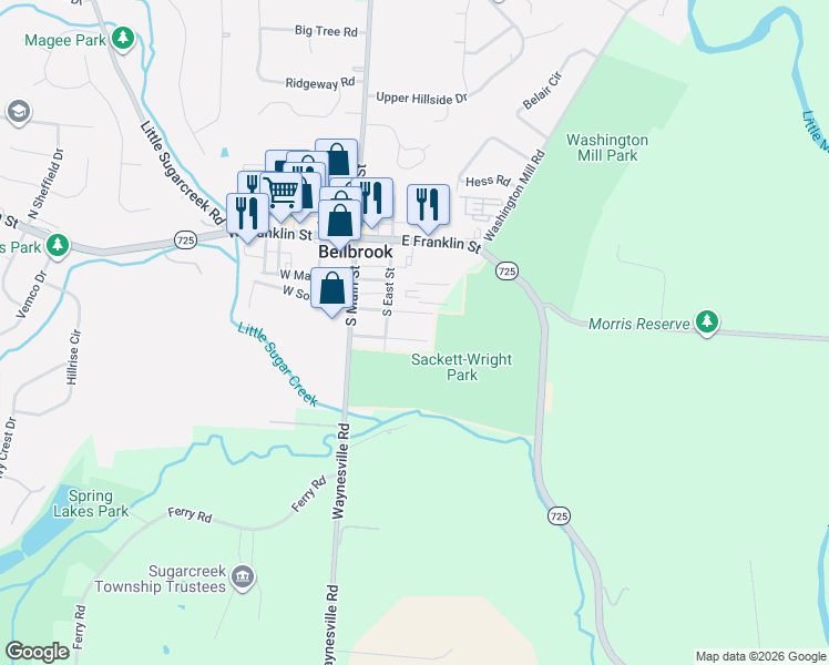 map of restaurants, bars, coffee shops, grocery stores, and more near 54 Brookwood Drive in Bellbrook