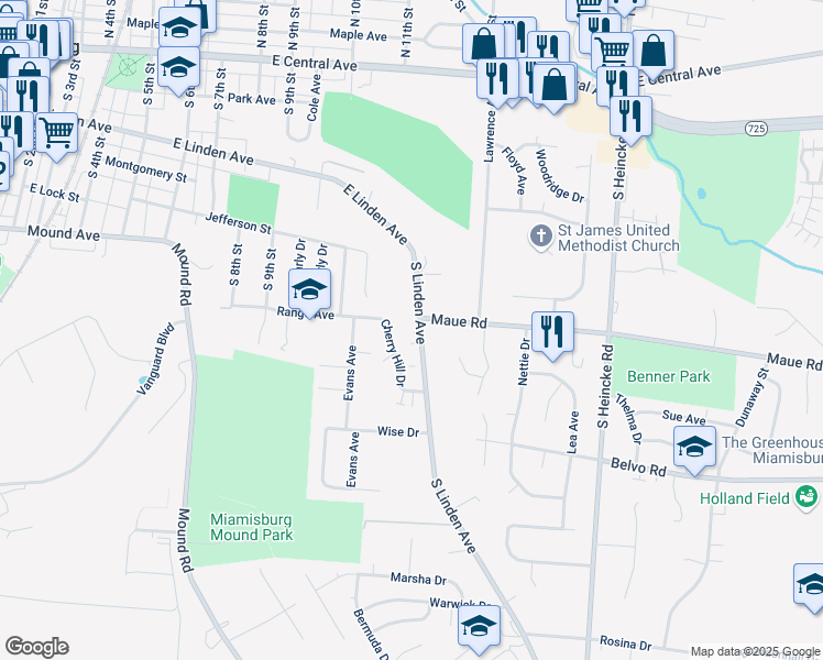 map of restaurants, bars, coffee shops, grocery stores, and more near 507 South Linden Avenue in Miamisburg