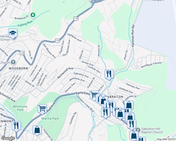 map of restaurants, bars, coffee shops, grocery stores, and more near 1248 Richwood Avenue in Morgantown