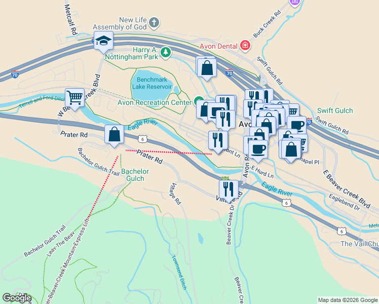 map of restaurants, bars, coffee shops, grocery stores, and more near 37721 Route 6 in Avon