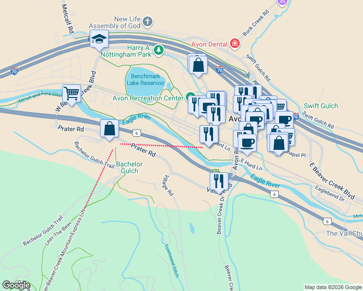map of restaurants, bars, coffee shops, grocery stores, and more near 37721 Route 6 in Avon