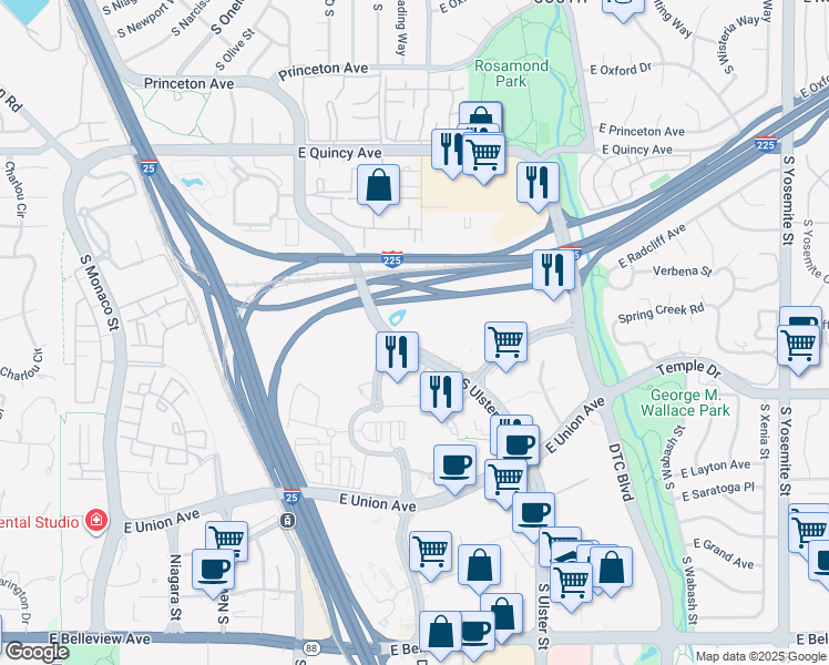 map of restaurants, bars, coffee shops, grocery stores, and more near 4552 South Ulster Street in Denver