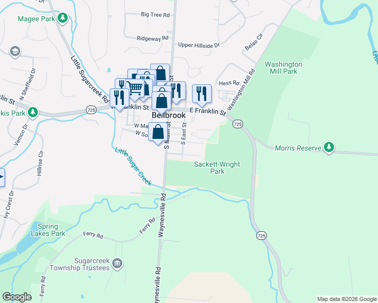 map of restaurants, bars, coffee shops, grocery stores, and more near 54 Brookwood Dr in Bellbrook