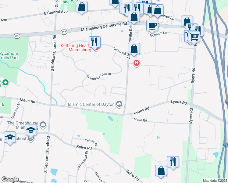map of restaurants, bars, coffee shops, grocery stores, and more near 2241 Limestone Way in Miamisburg