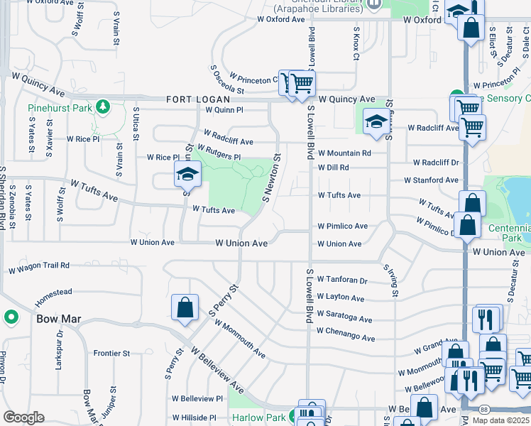 map of restaurants, bars, coffee shops, grocery stores, and more near 3721 West Union Avenue in Denver