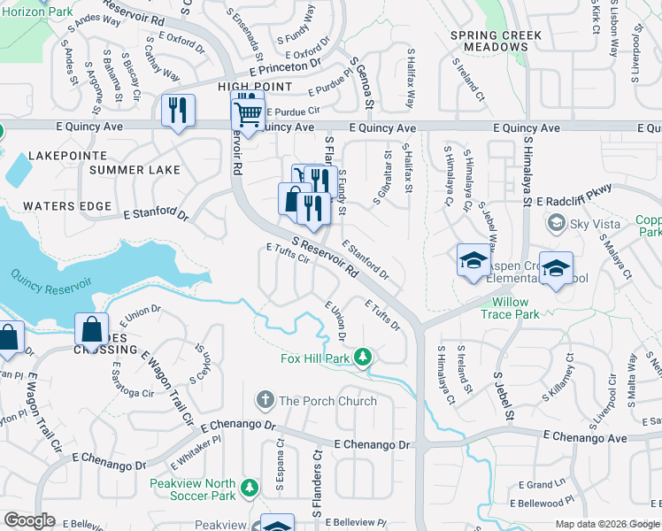 map of restaurants, bars, coffee shops, grocery stores, and more near 4648 South Flanders Way in Centennial