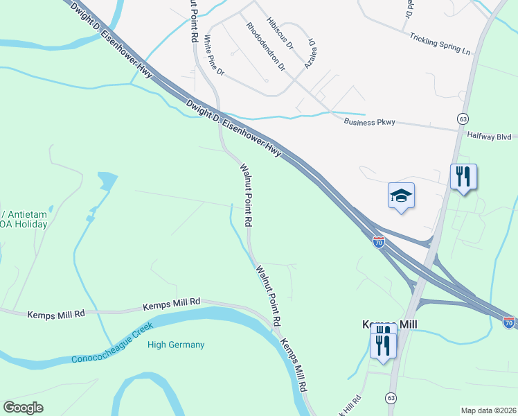map of restaurants, bars, coffee shops, grocery stores, and more near 11701 Walnut Point Road in Hagerstown