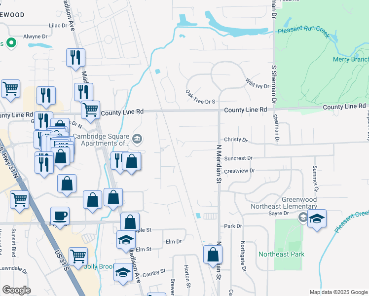 map of restaurants, bars, coffee shops, grocery stores, and more near 1039 Paz Drive North in Greenwood