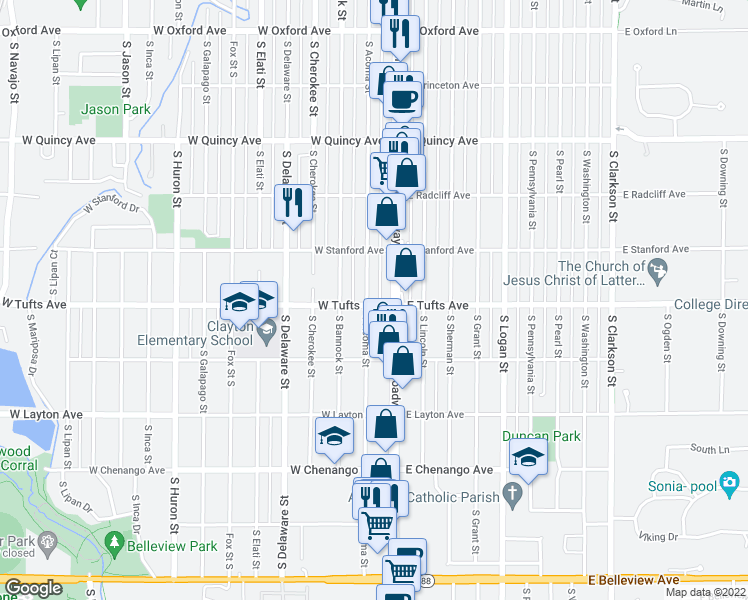 map of restaurants, bars, coffee shops, grocery stores, and more near 4601 South Acoma Street in Englewood