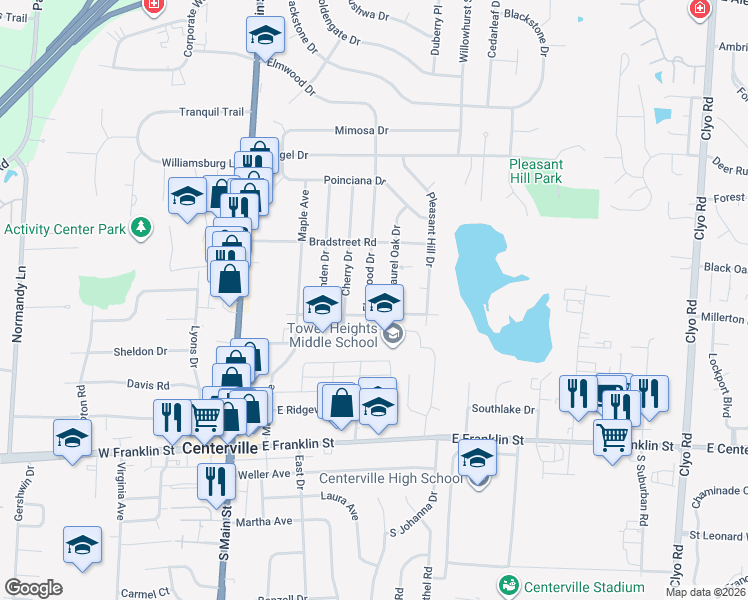 map of restaurants, bars, coffee shops, grocery stores, and more near 161 Elmwood Drive in Centerville