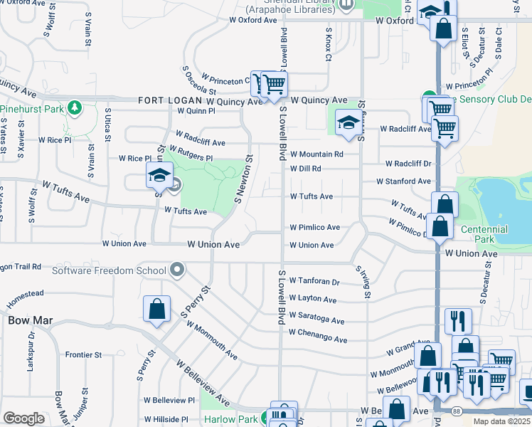map of restaurants, bars, coffee shops, grocery stores, and more near 4611 South Lowell Boulevard in Denver