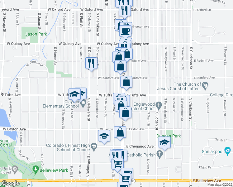 map of restaurants, bars, coffee shops, grocery stores, and more near 4601 South Acoma Street in Englewood