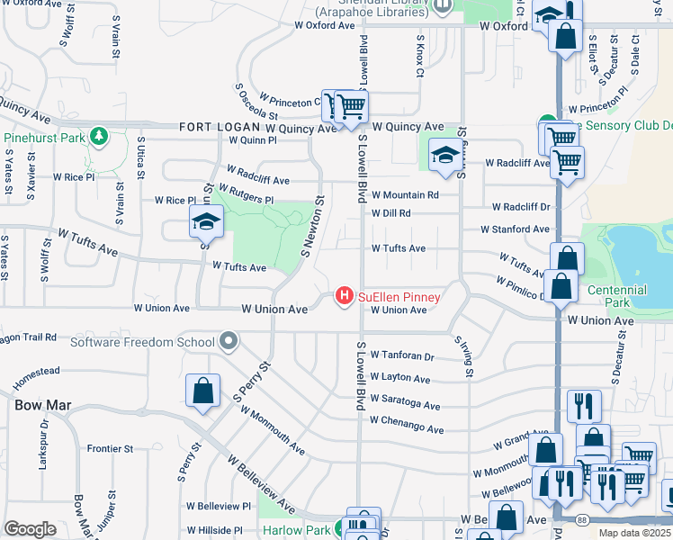 map of restaurants, bars, coffee shops, grocery stores, and more near 4611 South Lowell Boulevard in Denver