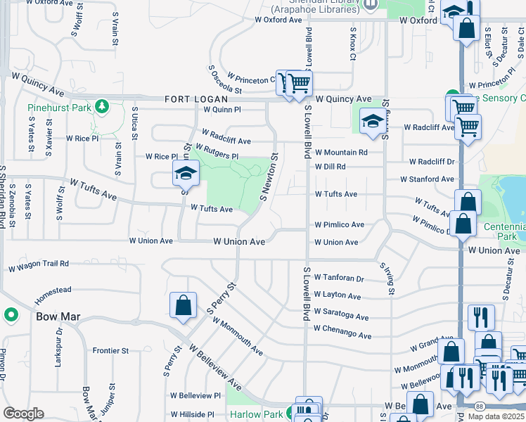 map of restaurants, bars, coffee shops, grocery stores, and more near 3721 West Union Avenue in Denver