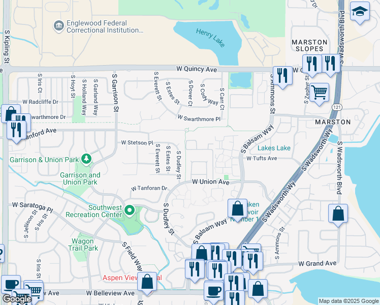 map of restaurants, bars, coffee shops, grocery stores, and more near 4602 South Dudley Street in Littleton