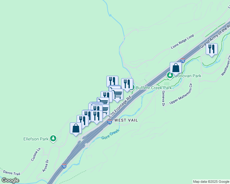 map of restaurants, bars, coffee shops, grocery stores, and more near 2096 Zermatt Lane in Vail