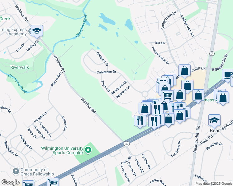 map of restaurants, bars, coffee shops, grocery stores, and more near 213 Marjoram Drive in Bear