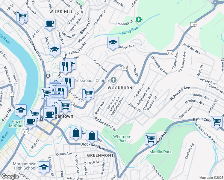 map of restaurants, bars, coffee shops, grocery stores, and more near 750 Snider Street in Morgantown