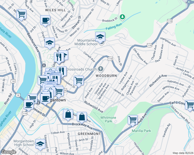 map of restaurants, bars, coffee shops, grocery stores, and more near 750 Snider Street in Morgantown