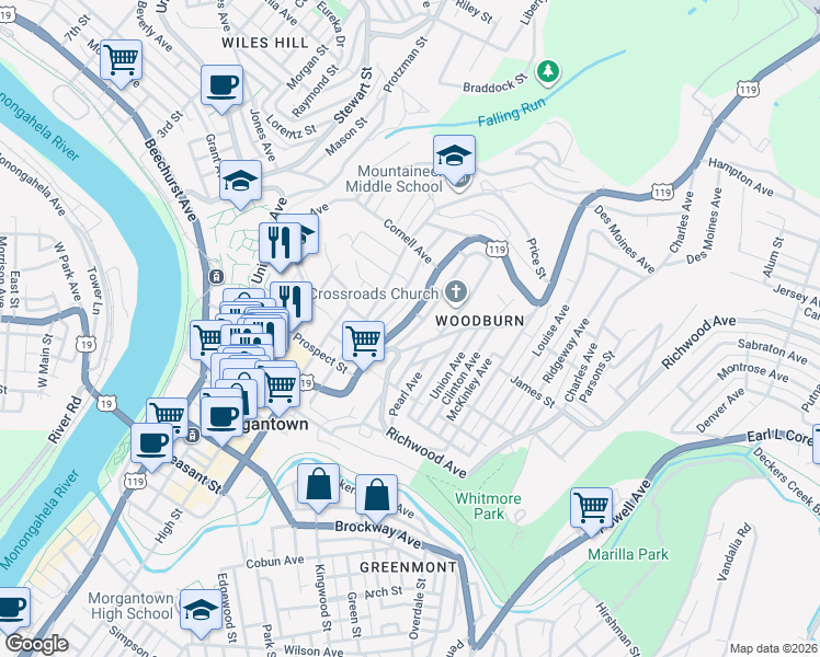 map of restaurants, bars, coffee shops, grocery stores, and more near 724 Weaver Street in Morgantown